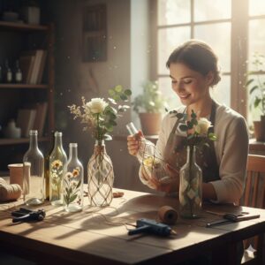 tolong buatkan saya gambar dengan tema Seni Upcycling — Mengubah Botol Kaca Bekas Jadi Vas Estetik