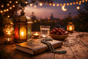 Suasana Ramadhan dengan lentera menyala, Al-Qur’an tertutup dengan tasbih di atasnya, kurma dan air putih di meja kayu saat senja.