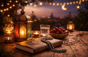 Suasana Ramadhan dengan lentera menyala, Al-Qur’an tertutup dengan tasbih di atasnya, kurma dan air putih di meja kayu saat senja.