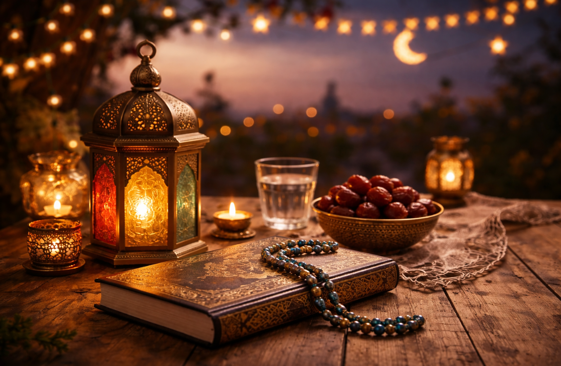 Suasana Ramadhan dengan lentera menyala, Al-Qur’an tertutup dengan tasbih di atasnya, kurma dan air putih di meja kayu saat senja.